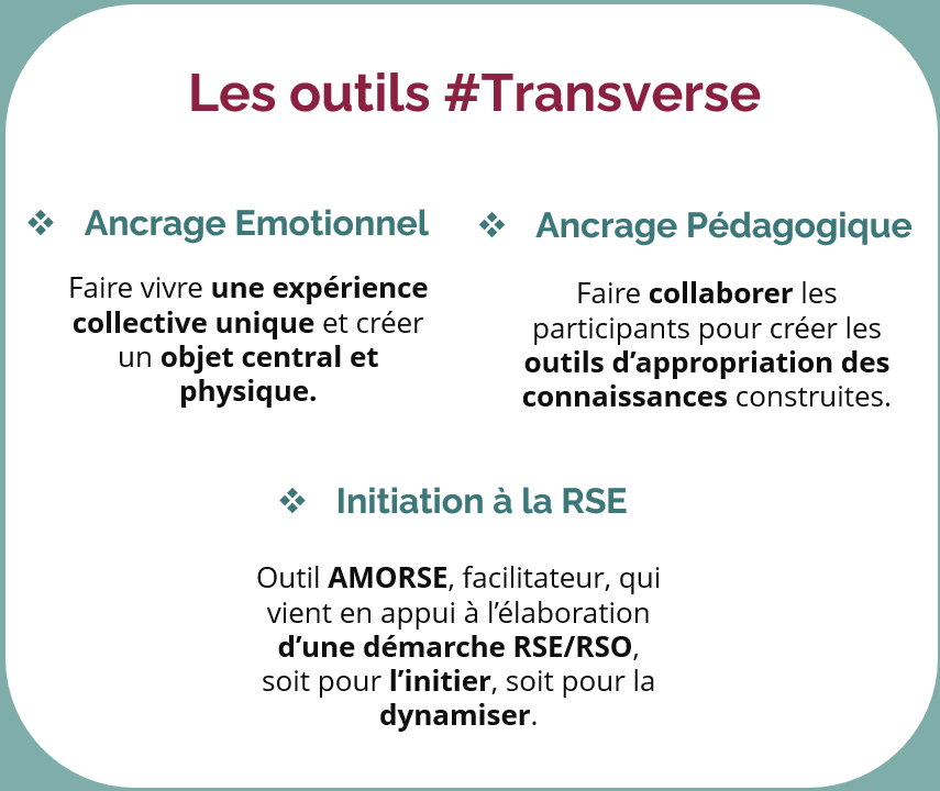 Titre : Les outils #Transverse 4 piliers : 1 - Ancrage émotionnel Faire vivre une expérience collective unique et créer un objet central et physique. 2 - Ancrage Pédagogique Faire collaborer les participants pour créer les outils d’appropriation des connaissances construites. 3 - Initiation à la RSE Outil AMORSE, facilitateur, qui vient en appui à l’élaboration d’une démarche RSE/RSO, soit pour l’initier, soit pour la dynamiser.