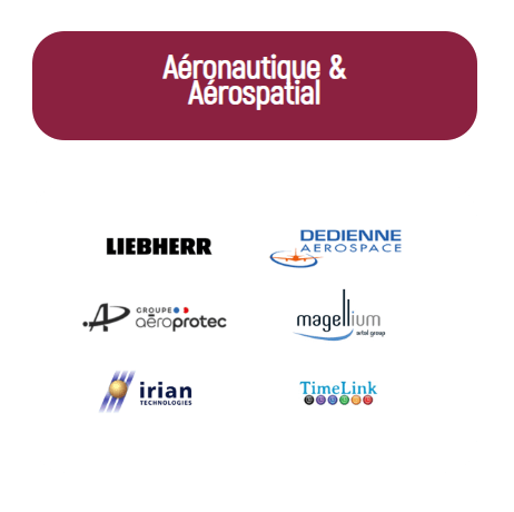 4 grands secteurs accompagnés : 2 - L'aéronautique et l'aérospatial avec Liebherr, Dedienne Aerospace, Le groupe Aeroprotec, Magellium, Irian technologies et Timelink.