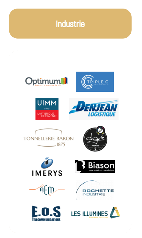 4 grands secteurs accompagnés : 1 - Les Industries avec Optimum, Triple C, UIMM, Denjean Logistique, Tonellerie Baron, DGE, Imerys, Biason, AEM, Rochette Industrie, EOS télécommunications, et Les illuminés.